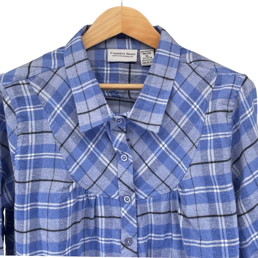 Country Store XL Blue Plaid Prairie Flannel Blouse Shirt Empire Yoke Cottagecore
